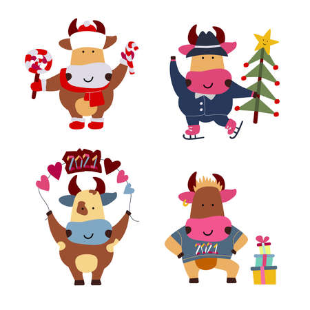 Vector illustration on the theme of the New Year. Bull picture with festive details. For a postcard, for a congratulation, a poster, a sticker.のイラスト素材