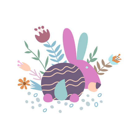 Vector illustration on the theme of Easter in pastel colors. Colored Easter bunny in flowers.のイラスト素材