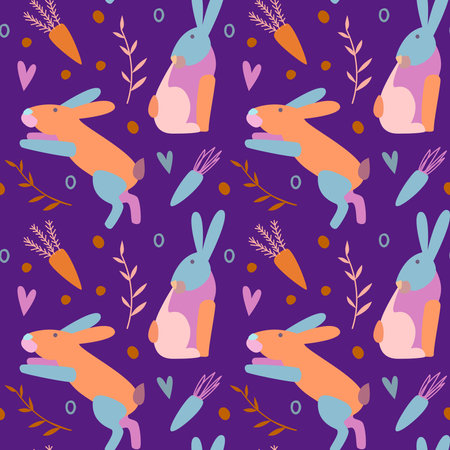 Vector illustration seamless pattern on the theme of Easter. Bright rabbits with flowers.のイラスト素材