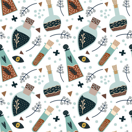 Vector illustration magic symbols seamless pattern. Pictures in the style of hand drawn. Test tubes and flasks with potions, magic plants. For printing on fabric and paper, for cards, for business.のイラスト素材