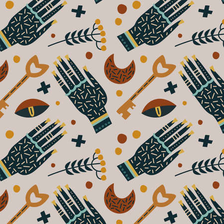 Vector illustration of witchcraft symbols hands with tattoos and plant branches seamless pattern. For printing on fabric and paper. Decoration for the interior. Poster.のイラスト素材