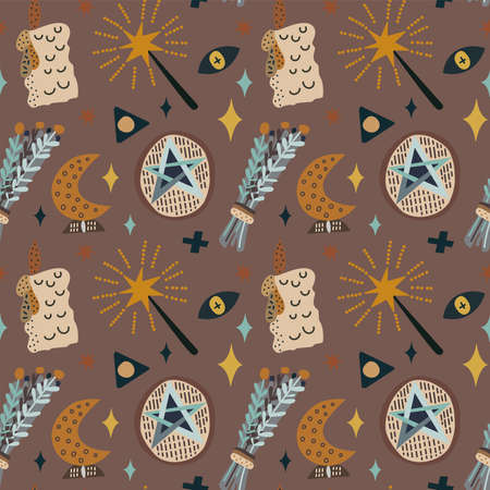 Vector illustration of witchcraft symbols moon magic wand and pentacle seamless pattern. On a brown background. For printing on fabric and paper. Decoration for the interior. Poster.のイラスト素材