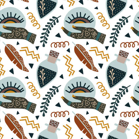 Vector illustration of witchcraft symbols hand with fortune and flask with potion seamless pattern. On a white background. For printing on fabric and paper. Decoration for the interior. Poster.のイラスト素材