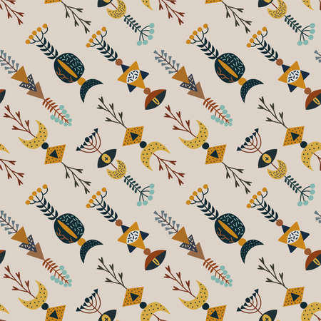 Vector illustration image of magic symbols and signs. Seamless pattern on a light gray background....