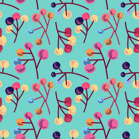 Vector illustration of a seamless pattern on a turquoise background. Mistletoe berries on twigs. Bright colors. For printing on paper and fabric. Poster.のイラスト素材