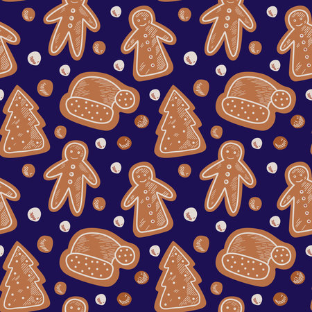 Vector illustration of a seamless pattern on a dark blue background. Christmas cakes little men. For printing on paper and fabric. Poster.のイラスト素材