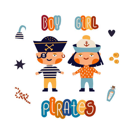 Vector illustration. Children pirates in flat style with coins, rope, hook. For print, postcard, poster for the interior.のイラスト素材