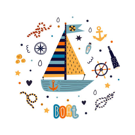 Vector illustration. Composition in a circle with the image of a pirate ship and the inscription boat. Around the elements. Poster for the interior, for the nursery. For print, postcard.のイラスト素材