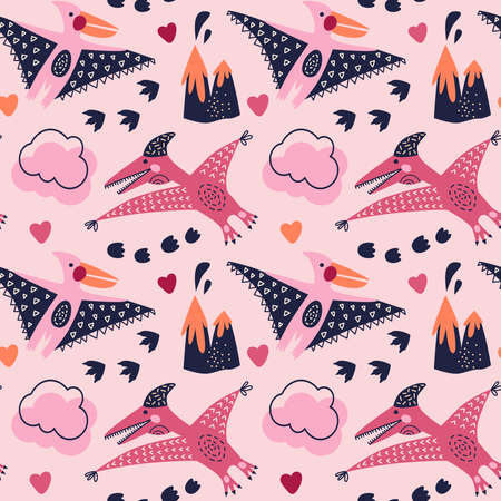 Vector illustration. Dinosaurs Seamless Pattern Pterodactyl Volcano Clouds Pink Background. For printing on fabric and paper, for wall decoration. For kids.のイラスト素材