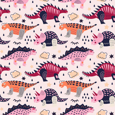 Vector illustration. Dinosaurs seamless pattern. Triceratops, stegosaurus and nodosaurus on ivory background. For printing on fabric and paper, for wall decoration. For kids.のイラスト素材