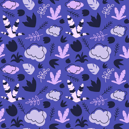 Vector illustration. Dinosaurs seamless pattern. Dinosaur footprint, cloud, leaves and grass on grape background.For printing on fabric and paper, for wall decoration. For kids.のイラスト素材