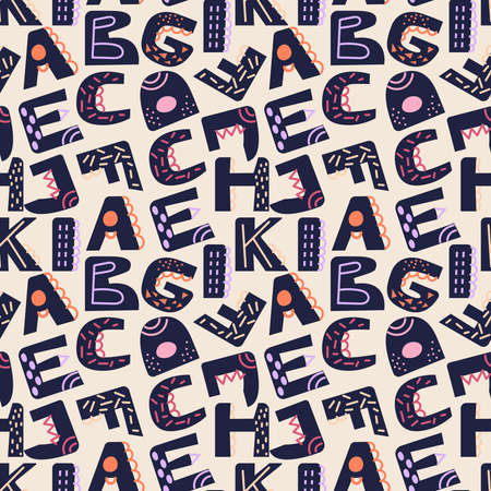 Vector illustration. Latin alphafit seamless pattern. dark blue letters on a beige background. For printing on fabric and paper, for wall decoration. For kids.のイラスト素材