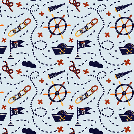 Vector illustration. Seamless pattern on a pirate theme. On gray. Skull, flag, bones and pirate hat. For nursery, printing on fabric, paper.のイラスト素材