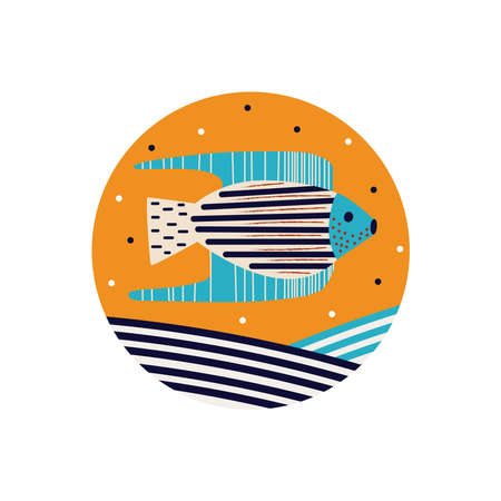 Vector illustration of a decorative composition with fish in a bright round composition. Poster,...