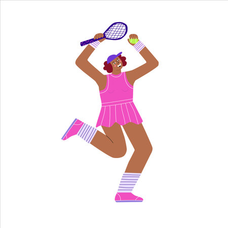 Vector illustration of a joyful tennis player with a racket and a ball. In pink clothes. Hand-drawn style. Poster, digital illustration, trend picture.のイラスト素材