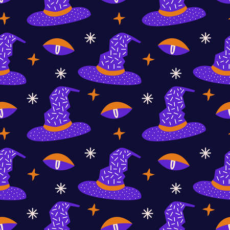 Vector seamless pattern on the theme of Halloween. Magic eye witch hat and stars. For printing on fabric, clothing, paper. Purple on a dark blue background. Digital paper.のイラスト素材