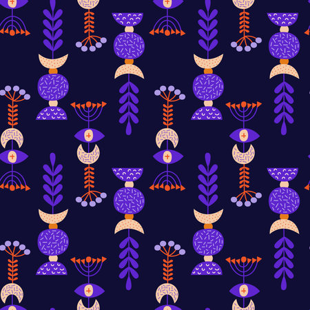Vector seamless pattern on a dark background. On the topic of magic and Halloween. Magic symbols, magical herbs, moon, eye. Violet and orange colors. Poster, to be printed on fabric, on wrapping paperのイラスト素材