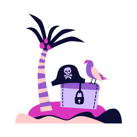 Vector illustration of a pirate on one leg. Pirate boat with a flag and a skull. Ahoy mattey lettering. Poster, for printing on textiles, for wall design. Hand-drawn styleのイラスト素材