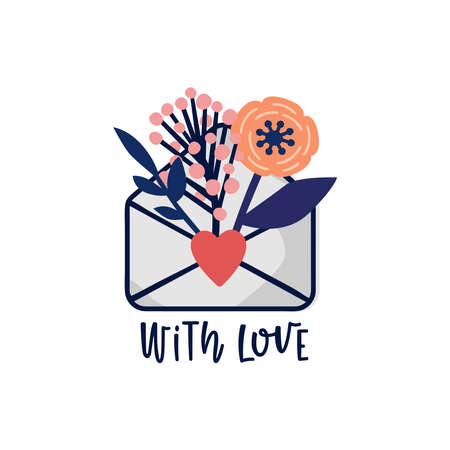 Vector illustration of a flower arrangement in a mail envelope and lettering composition. For Valentines Day. Poster for the interior, postcard, congratulation. In hand-drawn styleのイラスト素材