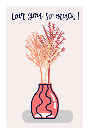 Vector illustration of a flower arrangement in pastel colors. Flowers with vase and lettering composition. For Valentines Day. Poster for the interior, postcard, congratulation. In hand drawn styleのイラスト素材
