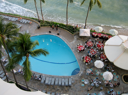 View of a hotel swimming pool in Waikiki
