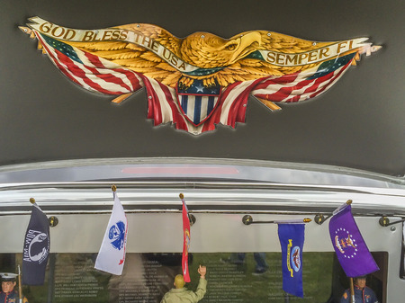 Chevy 1956 engine with Vets themes and symbols, Veterans ceremony at  Sierra Vista Middle School,  Covina, CA.USAのeditorial素材