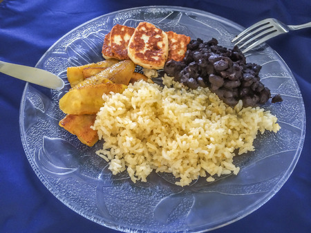 Rice and beans, Fried banana, fried cheese, popular Nicaraguan foodの写真素材