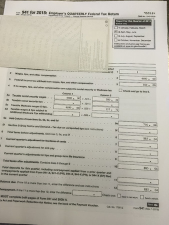 July-7-2015- 941 Employer's Quaterly federal return, Internal Revenue Service form, Los Angeles CA....