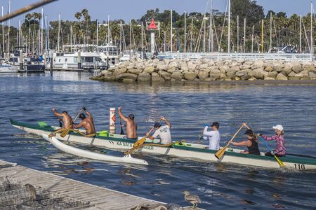 Six Kanai Outrigger Team members paddling at the Santa Barbara coast, California, United Statesのeditorial素材