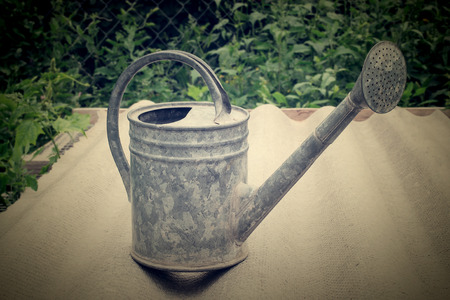 Old galvanized watering can to water the plants on a piece of slate in the yard. Tinted photosの写真素材