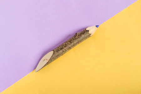 Large blue pencil from tree branch with bark on two-color background. Minimal style. Copy space, top...