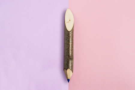Large blue pencil from tree branch with bark on two-color background. Minimal style. Copy space, top viewの写真素材