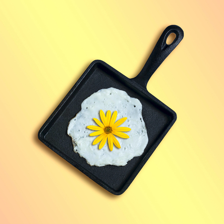 Square cast-iron frying pan with fried eggs, flower of topinambur instead of yolk. Artificial objects that mimic natural forms. Creative idea, imagination and fantasy. Original minimal conceptの写真素材