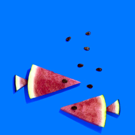 Watermelon slices in form of fish. Original food concept. Minimal styleの写真素材