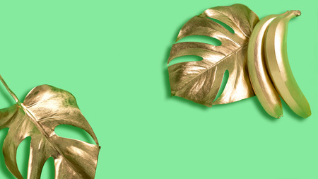 Golden leaves of monster with bananas on green background. Trendy colors. Modern creative concept. Minimal styleの写真素材