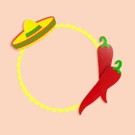 Frame with sombrero and chili for Cinco de Mayo. Cinco de Mayo is federal holiday in Mexico on May 5th. Mexican symbols made of paper. Paper art and craft. Minimal holiday concept. Space for textの写真素材