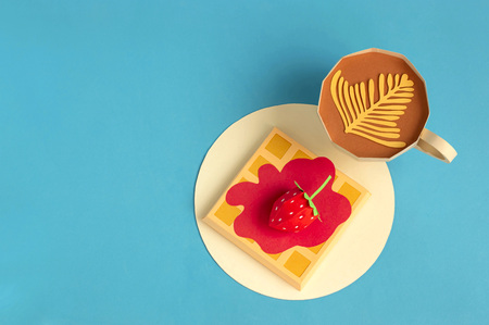 Belgian waffles with berry syrup and strawberry, cup of cappuccino made of paper. Volumetric handmade paper objects. Paper art and craft. Trendy hobby. Minimal artistic food conceptの写真素材