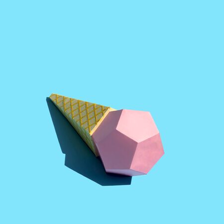 Paper ice cream in waffle cone with shade in bright sunshine. Volumetric handmade paper objects....