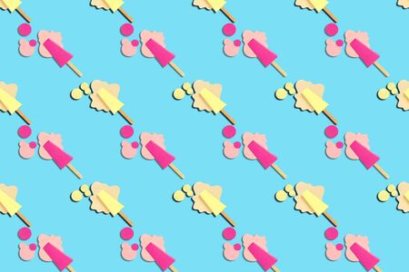 Colorful background with paper ice cream. Seamless bright pattern with paper food. Volumetric handmade paper objects. Modern paper art and craft. Minimal artistic food conceptの写真素材