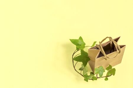 Eco-friendly shopping bag with branch of green plant on yellow background. Use paper bags instead of plastic, zero waste. Concept of social responsibility and environmental protection. Minimal styleの写真素材