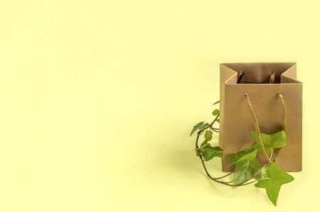 Eco-friendly shopping bag with branch of green plant on yellow background. Use paper bags instead of plastic, zero waste. Concept of social responsibility and environmental protection. Minimal styleの写真素材