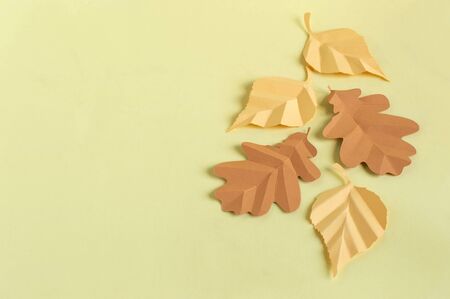 Paper autumn oak and birch leaves on yellow background. Paper art and craft. Trendy hobby. Autumn art concept. Copy spaceの写真素材