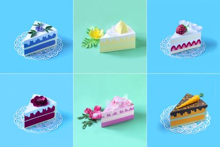 Set of varied pieces of cakes made of paper. Colorful collage of volumetric paper objects. Paper art and craft. Food art conceptの写真素材