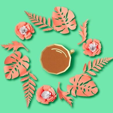 Paper cup with tea in wreath of pink leaves. Volumetric handmade paper objects. Summer design. Paper art and craft. Trendy hobby. Minimal art food conceptの写真素材