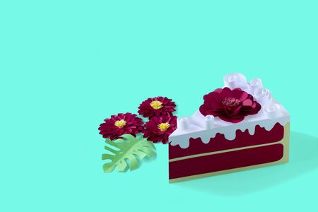 Paper red velvet cake with flower and cream. Volumetric handmade paper objects. Paper art and craft....