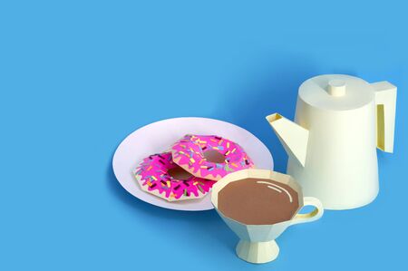 Paper coffee pot, cup with coffee and donuts. Paper art and craft. Volumetric handmade paper objects. Minimal food conceptの写真素材