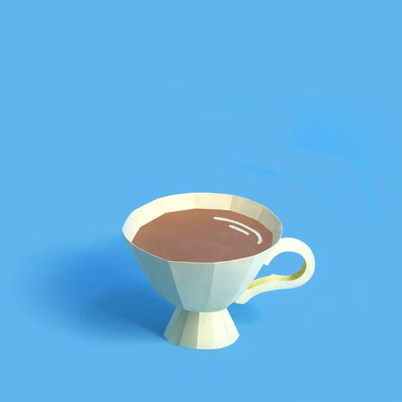 Paper cup with coffee on blue background. Volumetric handmade paper objects. Paper art and craft. Trendy hobby. Minimal art food concept. Square imageの写真素材