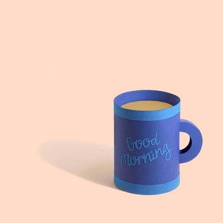 Blue paper mug with tea. Inscription on cup Good morning. Paper art and craft. Volumetric handmade paper objects. Minimal food concept. Square imageの写真素材