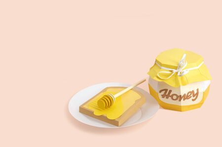Paper pot with honey and dipper on toast with spreading honey. Paper art and craft. Volumetric handmade paper objects. Minimal healthy eating conceptの写真素材