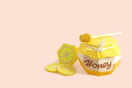 Paper pot with honey and dipper, half                                               lemon and slices. Paper art and craft. Volumetric handmade paper objects. Minimal healthy eating conceptの写真素材